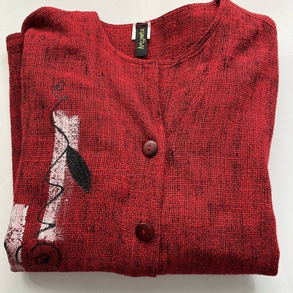Art to wear Cadigan Button-up Top hand painted on red/black weave women’s M - Picture 11 of 11